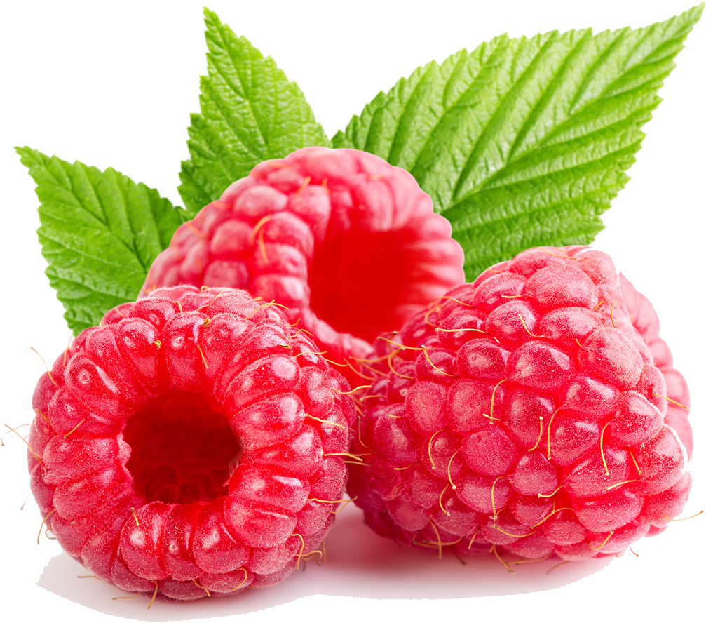 3 juicy raspberries on a white background.